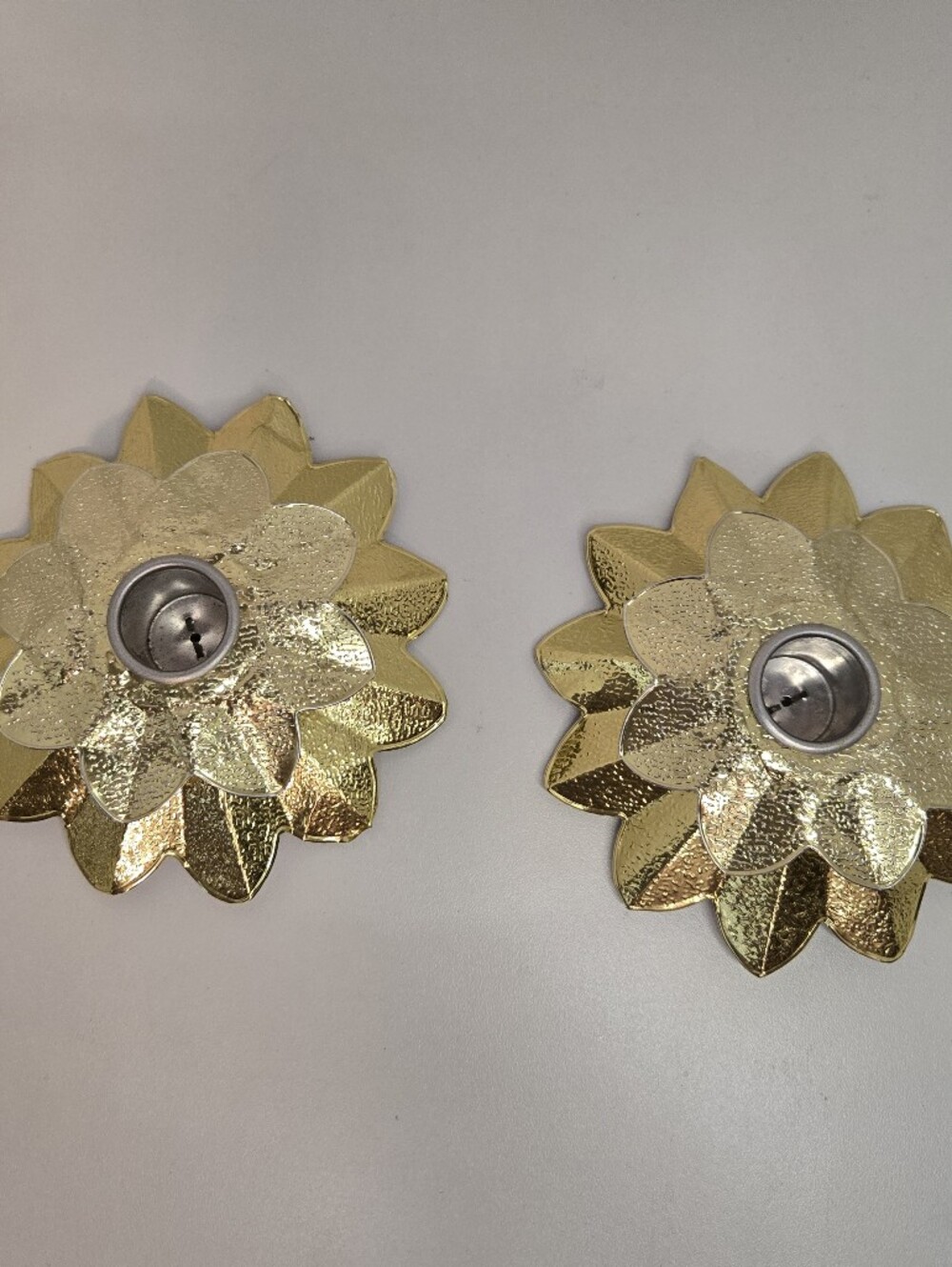 Vintage Gold Tin Foil Floral Christmas Taper Candle Holders Set of 2 Made In USA